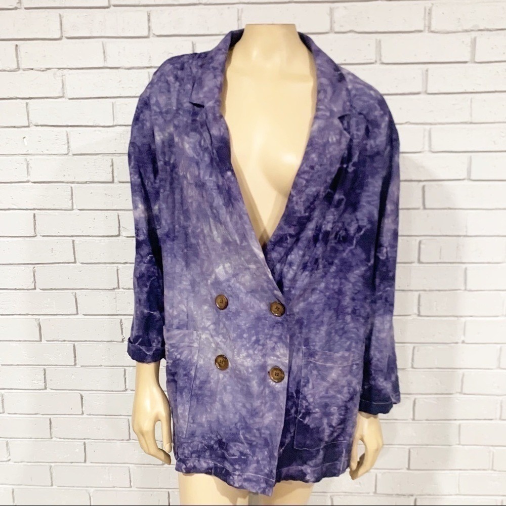 Anthropologie Amadi Purple Tie Dye Oversized Double Breasted Linen Blend Blazer - Picture 9 of 11